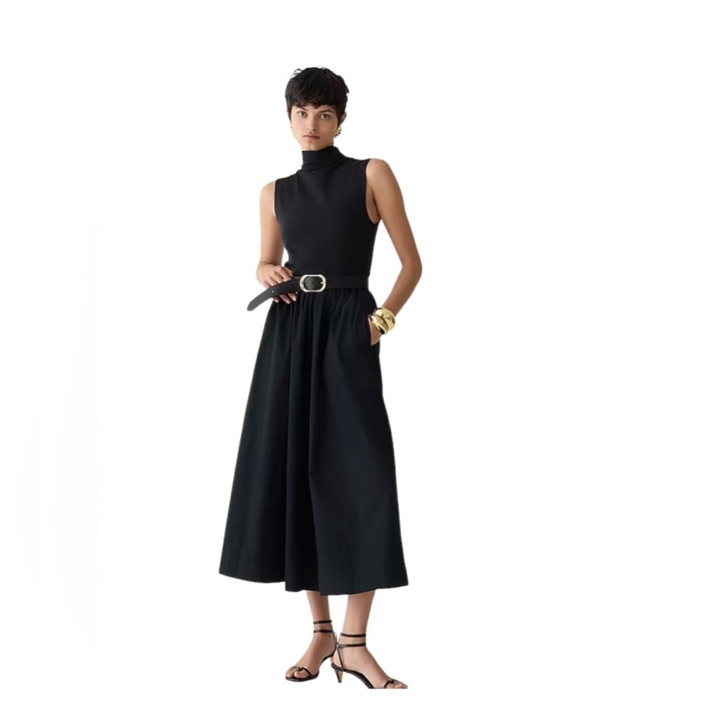 J. Crew Fitted Knit Mock Neck Dress with Poplin Skirt in Black Size Medium